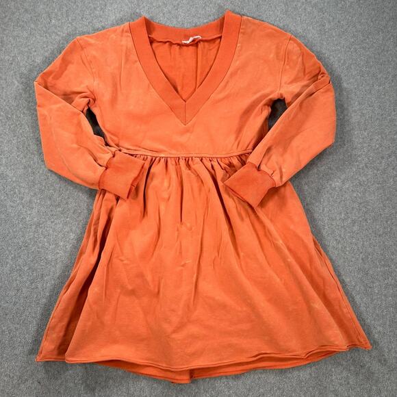 BaeVely V-Neck Mini Dress Size Small Orange Gathered Waist Long Sleeve Distresse - Picture 1 of 11